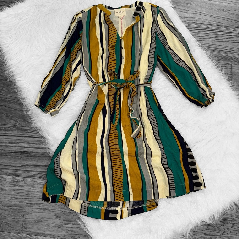 Umgee Long Sleeve Striped Dress in Green, Yellow, and Cream